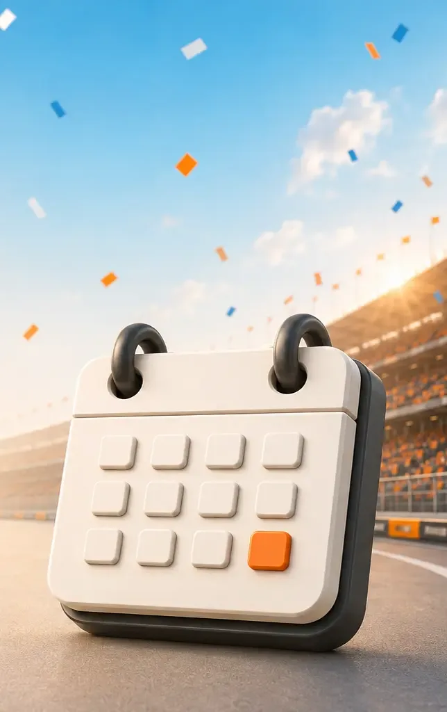 Calendrier Grid Team posé sur la piste, tribunes en arrière-plan