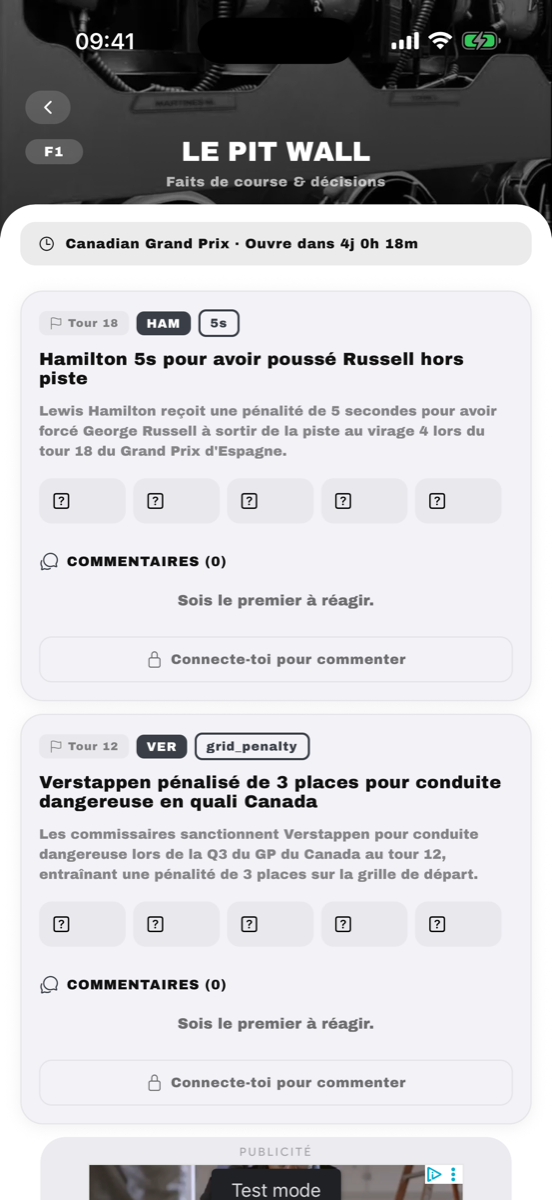 Pit Wall — chat live + décisions commissaires